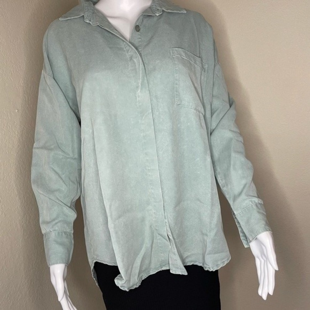 Young Fabulous & Broke Sage Long Sleeve Oversized Button Flowy Tencel Shirt S - Picture 9 of 9